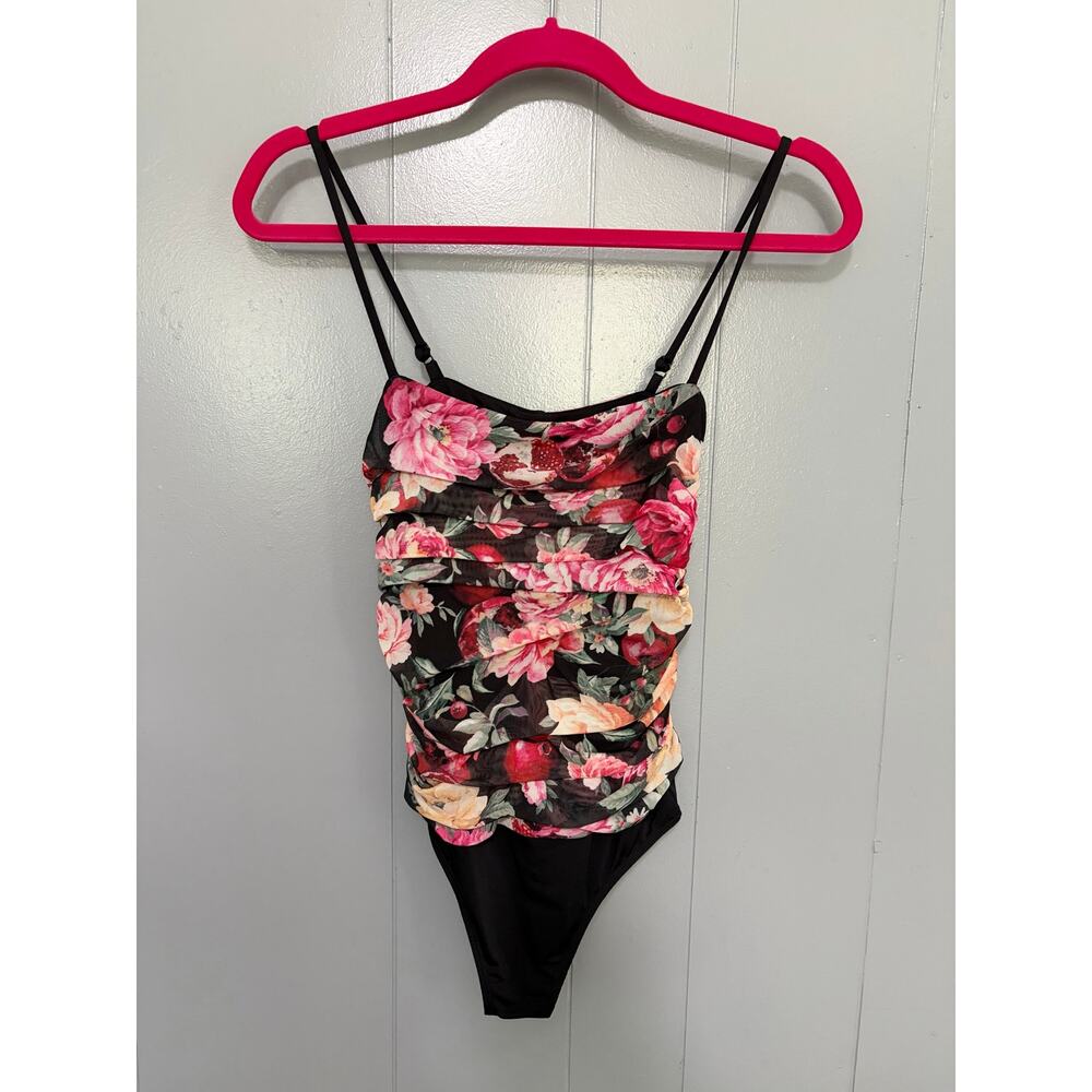 Express Black Floral Pomegranate Mesh Ruched Sleeveless Fitted Bodysuit S